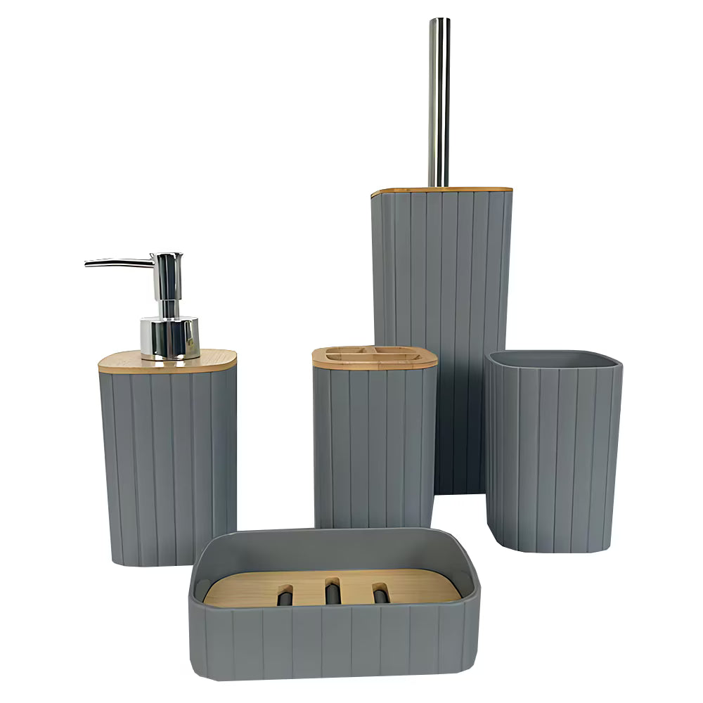Set 5 accesorii baie, design minimalist, detalii bamboo, gri