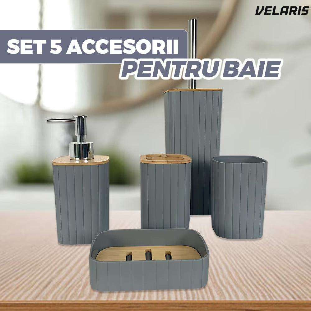 Set 5 accesorii baie, design minimalist, detalii bamboo, gri