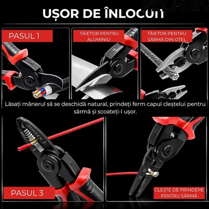 Set 5 in 1 patent multifunctional, din otel, taietor cablu, dezizolator, cleste, sertizare, taietor, foarfeca, cu husa de depozitare, maner anticurentare si design ergonomic