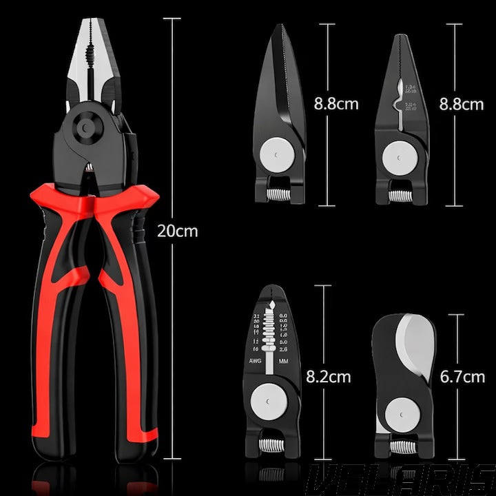 Set 5 in 1 patent multifunctional, din otel, taietor cablu, dezizolator, cleste, sertizare, taietor, foarfeca, cu husa de depozitare, maner anticurentare si design ergonomic
