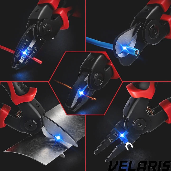 Set 5 in 1 patent multifunctional, din otel, taietor cablu, dezizolator, cleste, sertizare, taietor, foarfeca, cu husa de depozitare, maner anticurentare si design ergonomic