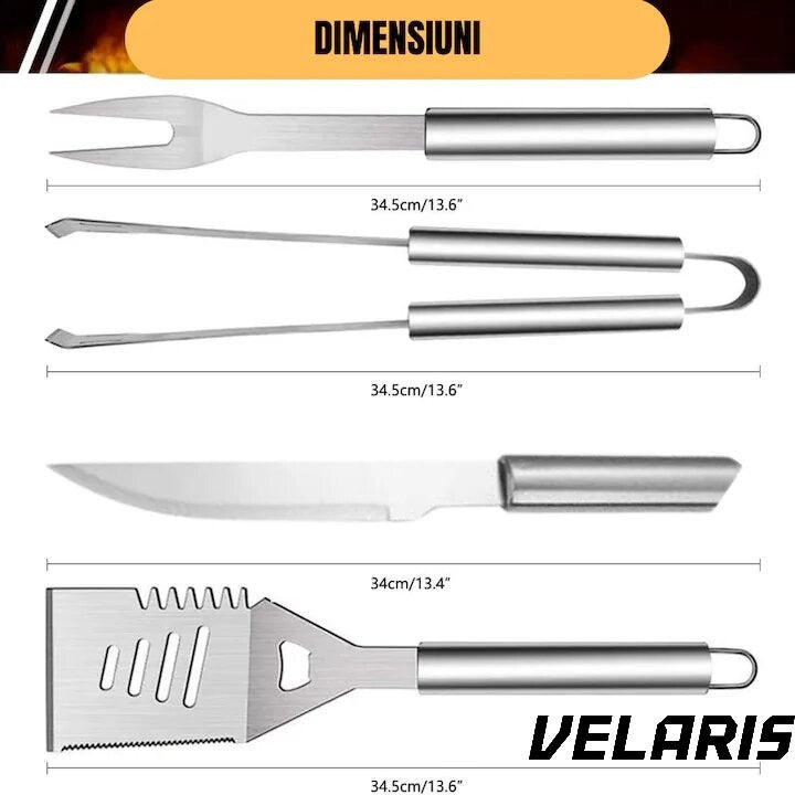 Set 5 ustensile gratar din otel inoxidabil premium, geanta transport aluminiu captusita, accesorii pentru un gratar reusit