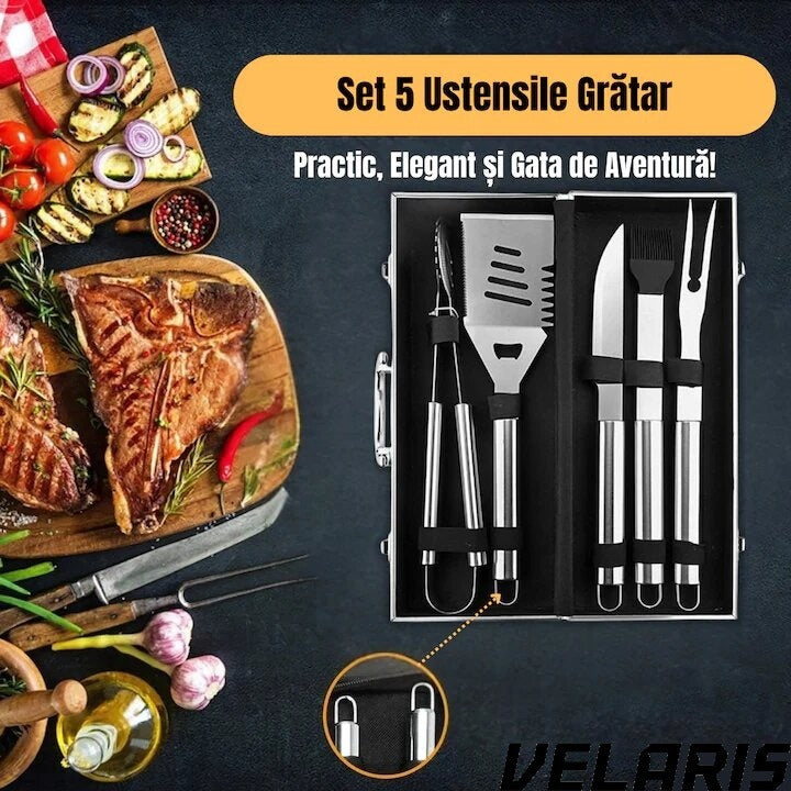 Set 5 ustensile gratar din otel inoxidabil premium, geanta transport aluminiu captusita, accesorii pentru un gratar reusit
