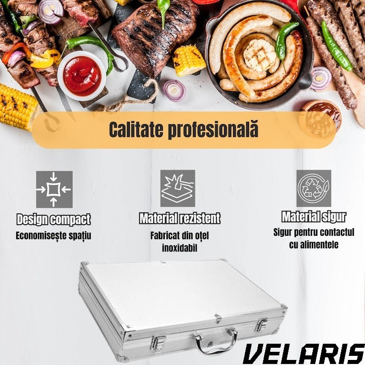 Set 5 ustensile gratar din otel inoxidabil premium, geanta transport aluminiu captusita, accesorii pentru un gratar reusit