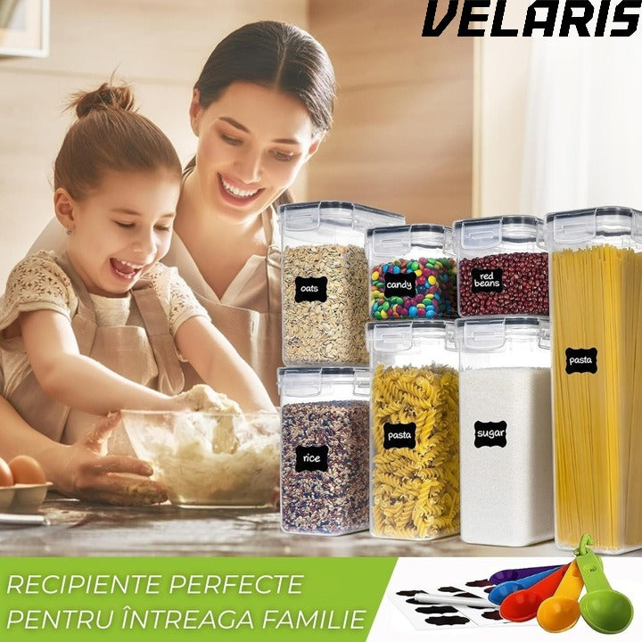 Set 7 recipiente etanșe pentru depozitare alimente, cu etichete incluse, plastic fără BPA