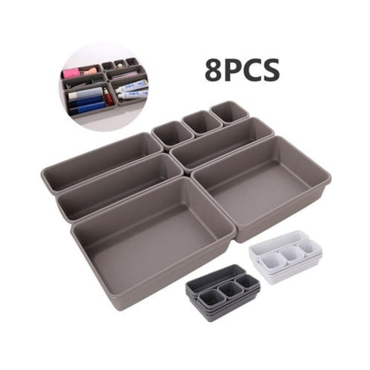 Set 8 organizatoare sertare, plastic, multicolor