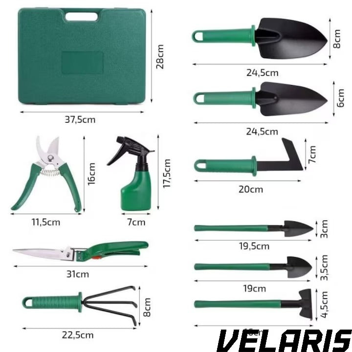 Set accesorii gradinarit 10 piese, unelte din inox si plastic, foarfeca, lopata, pulverizator, geanta inclusa