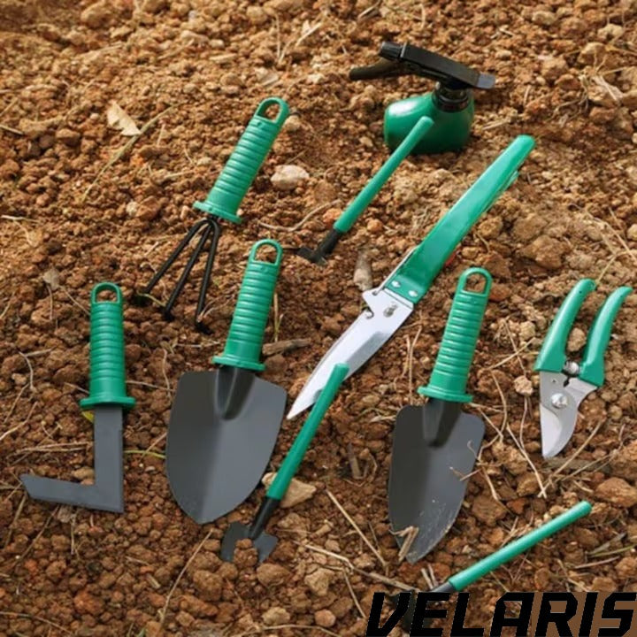 Set accesorii gradinarit 10 piese, unelte din inox si plastic, foarfeca, lopata, pulverizator, geanta inclusa