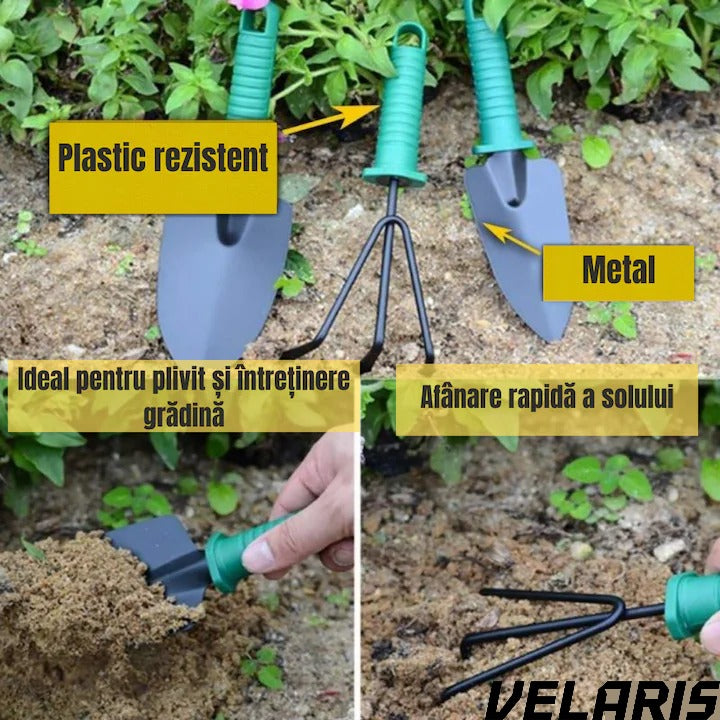 Set accesorii gradinarit 10 piese, unelte din inox si plastic, foarfeca, lopata, pulverizator, geanta inclusa