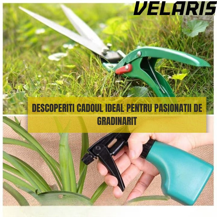 Set accesorii gradinarit 10 piese, unelte din inox si plastic, foarfeca, lopata, pulverizator, geanta inclusa
