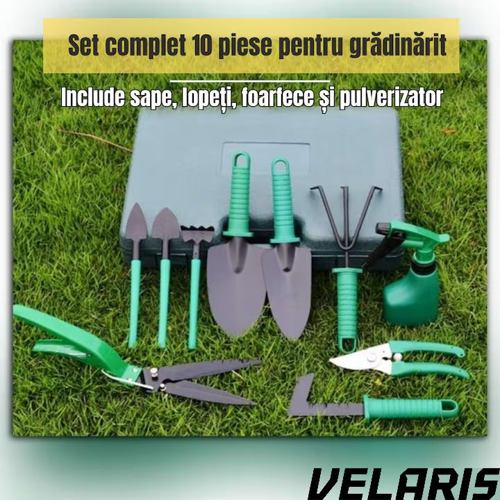 Set accesorii gradinarit 10 piese, unelte din inox si plastic, foarfeca, lopata, pulverizator, geanta inclusa