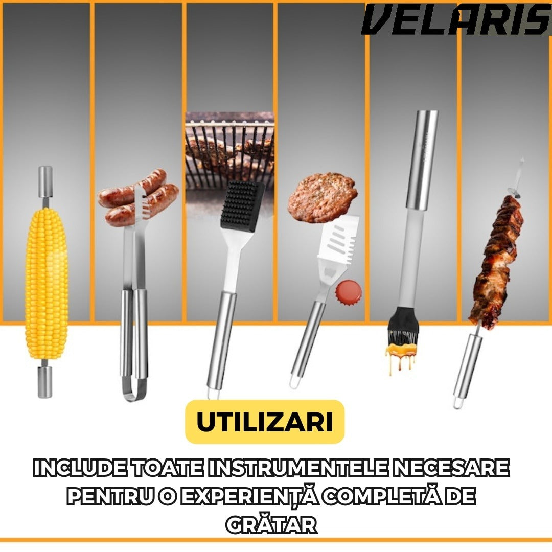 Set accesorii gratar 25 piese, otel inoxidabil premium, geanta transport aluminiu captusita 43x27x8cm
