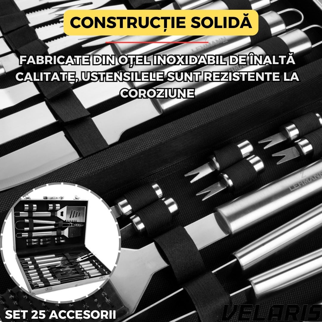 Set accesorii gratar 25 piese, otel inoxidabil premium, geanta transport aluminiu captusita 43x27x8cm