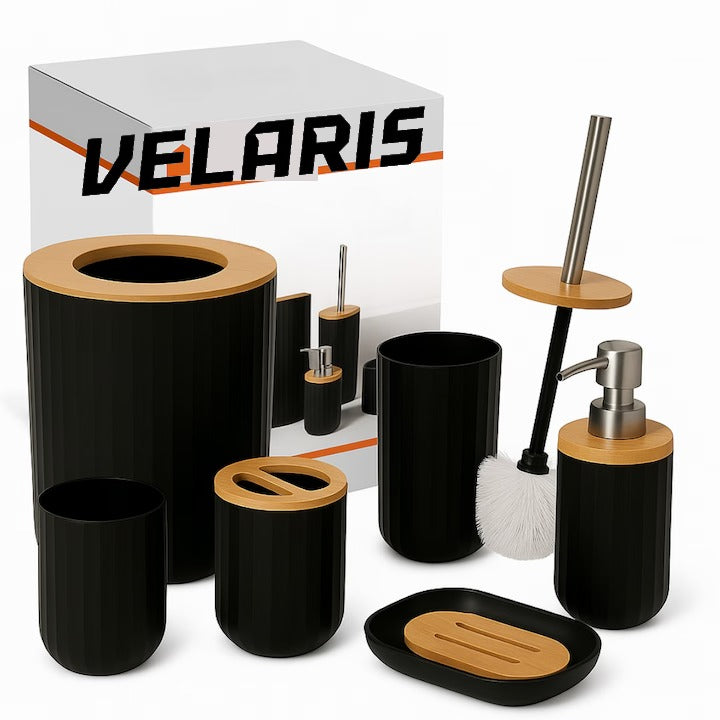 Set Baie 6 Piese Negru Mat cu Accente de Lemn, Cos Gunoi, Perie WC, Dozator Sapun, Suport Periute, Pahar si Sapuniera