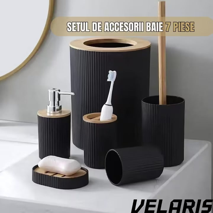 Set Baie 6 Piese Negru Mat cu Accente de Lemn, Cos Gunoi, Perie WC, Dozator Sapun, Suport Periute, Pahar si Sapuniera