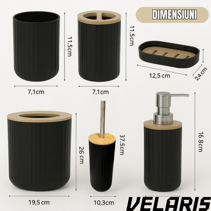Set Baie 6 Piese Negru Mat cu Accente de Lemn, Cos Gunoi, Perie WC, Dozator Sapun, Suport Periute, Pahar si Sapuniera