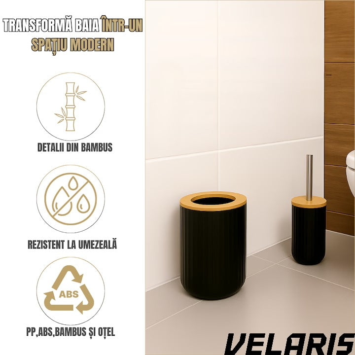 Set Baie 6 Piese Negru Mat cu Accente de Lemn, Cos Gunoi, Perie WC, Dozator Sapun, Suport Periute, Pahar si Sapuniera