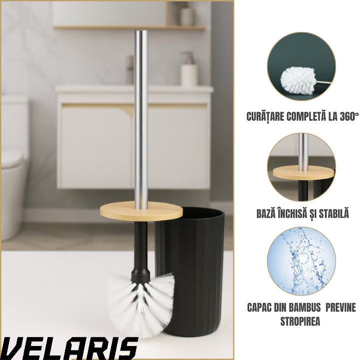 Set Baie 6 Piese Negru Mat cu Accente de Lemn, Cos Gunoi, Perie WC, Dozator Sapun, Suport Periute, Pahar si Sapuniera