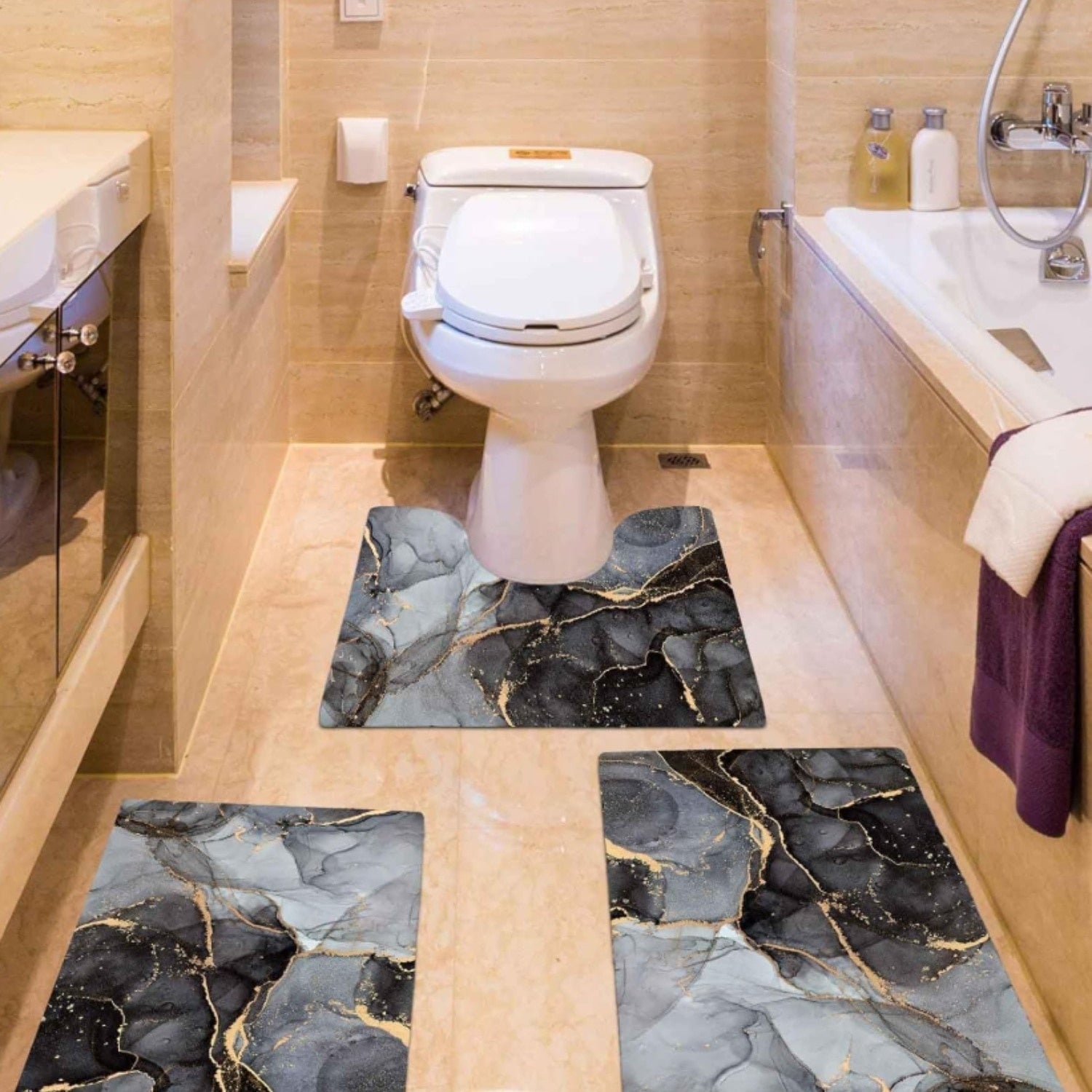Set covorase baie antiderapante 3 piese, design marmorat elegant