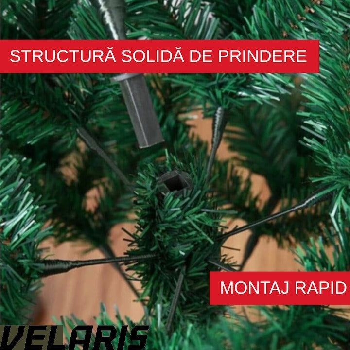 Set Brad de Craciun Artificial, 1.8 m cu Suport Metalic si Set Complet Decoratiuni Instalatie multicolor 100 LED-uri de 4 m, Ramuri Bogate, Aspect Natural