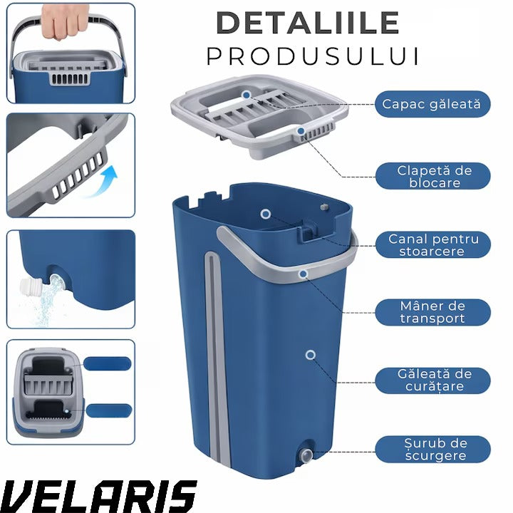 Set curatare cu mop plat si galeata cu sistem de stoarcere, scurgere cu dop, coada telescopica si 2 lavete microfibra rezerva