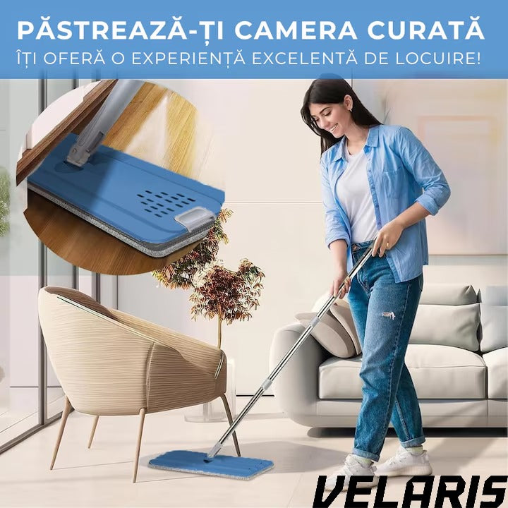 Set curatare cu mop plat si galeata cu sistem de stoarcere, scurgere cu dop, coada telescopica si 2 lavete microfibra rezerva