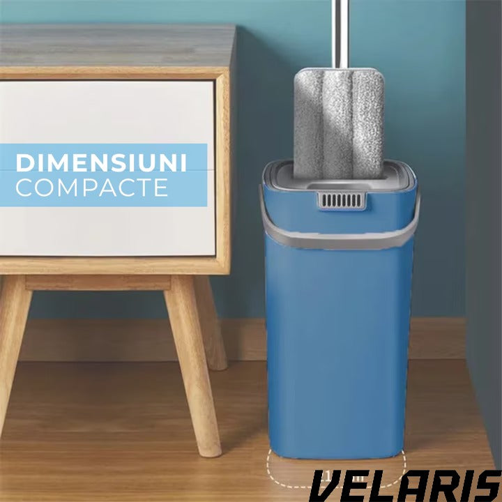 Set curatare cu mop plat si galeata cu sistem de stoarcere, scurgere cu dop, coada telescopica si 2 lavete microfibra rezerva