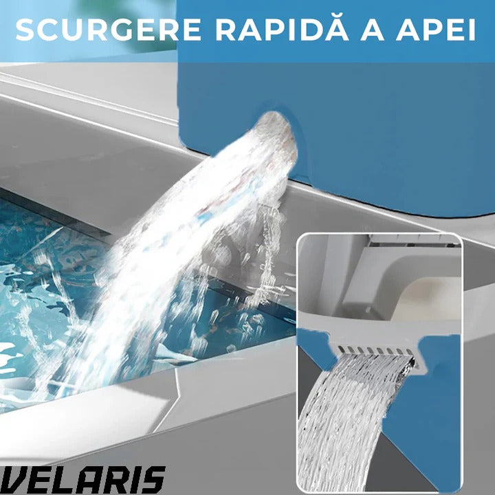 Set curatare cu mop plat si galeata cu sistem de stoarcere, scurgere cu dop, coada telescopica si 2 lavete microfibra rezerva