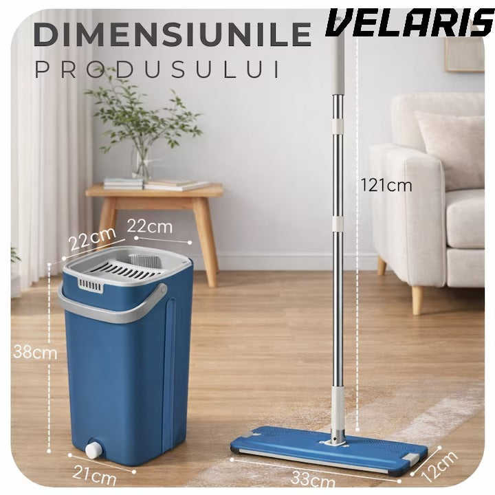 Set curatare cu mop plat si galeata cu sistem de stoarcere, scurgere cu dop, coada telescopica si 2 lavete microfibra rezerva