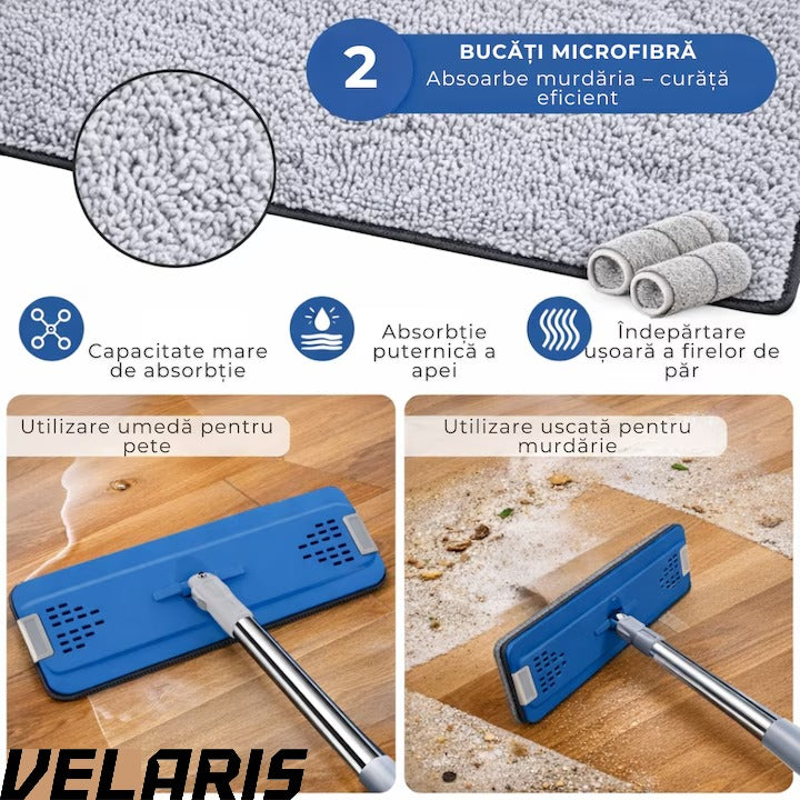 Set curatare cu mop plat si galeata cu sistem de stoarcere, scurgere cu dop, coada telescopica si 2 lavete microfibra rezerva