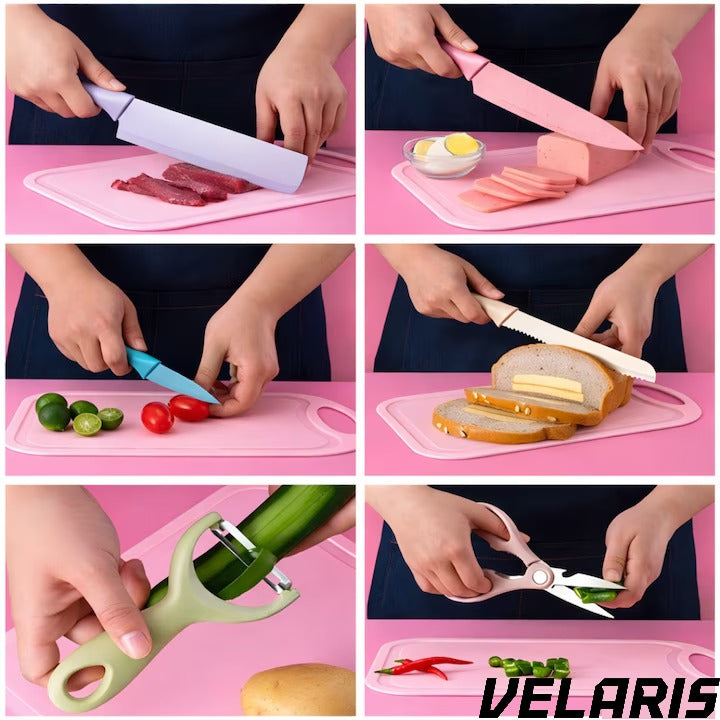 Set cutite bucatarie 7 piese, otel inoxidabil, foarfece, curatator legume, tocator inclus, pentru carne, fructe si legume