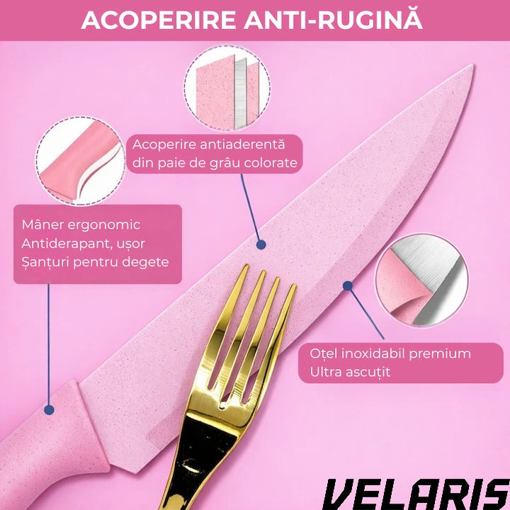 Set cutite bucatarie 7 piese, otel inoxidabil, foarfece, curatator legume, tocator inclus, pentru carne, fructe si legume