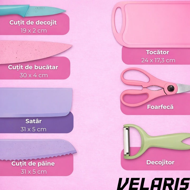 Set cutite bucatarie 7 piese, otel inoxidabil, foarfece, curatator legume, tocator inclus, pentru carne, fructe si legume