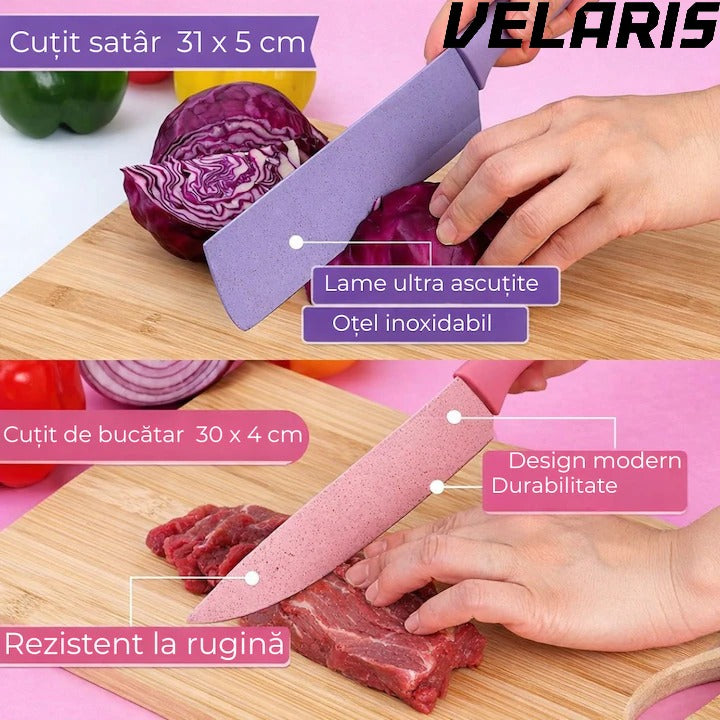 Set cutite bucatarie 7 piese, otel inoxidabil, foarfece, curatator legume, tocator inclus, pentru carne, fructe si legume