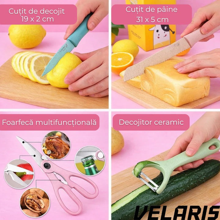 Set cutite bucatarie 7 piese, otel inoxidabil, foarfece, curatator legume, tocator inclus, pentru carne, fructe si legume