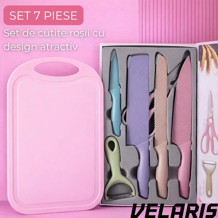 Set cutite bucatarie 7 piese, otel inoxidabil, foarfece, curatator legume, tocator inclus, pentru carne, fructe si legume