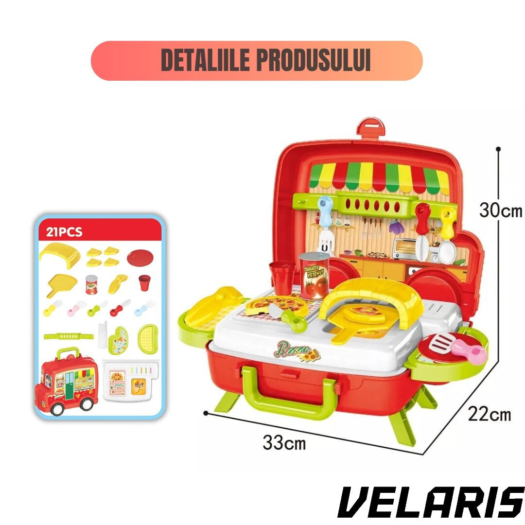 Set de jucarie Bucatarie portabila, masinuta 2 in 1, 21 piese, cuptor functional si accesorii de gatit, rosu, 3+ ani