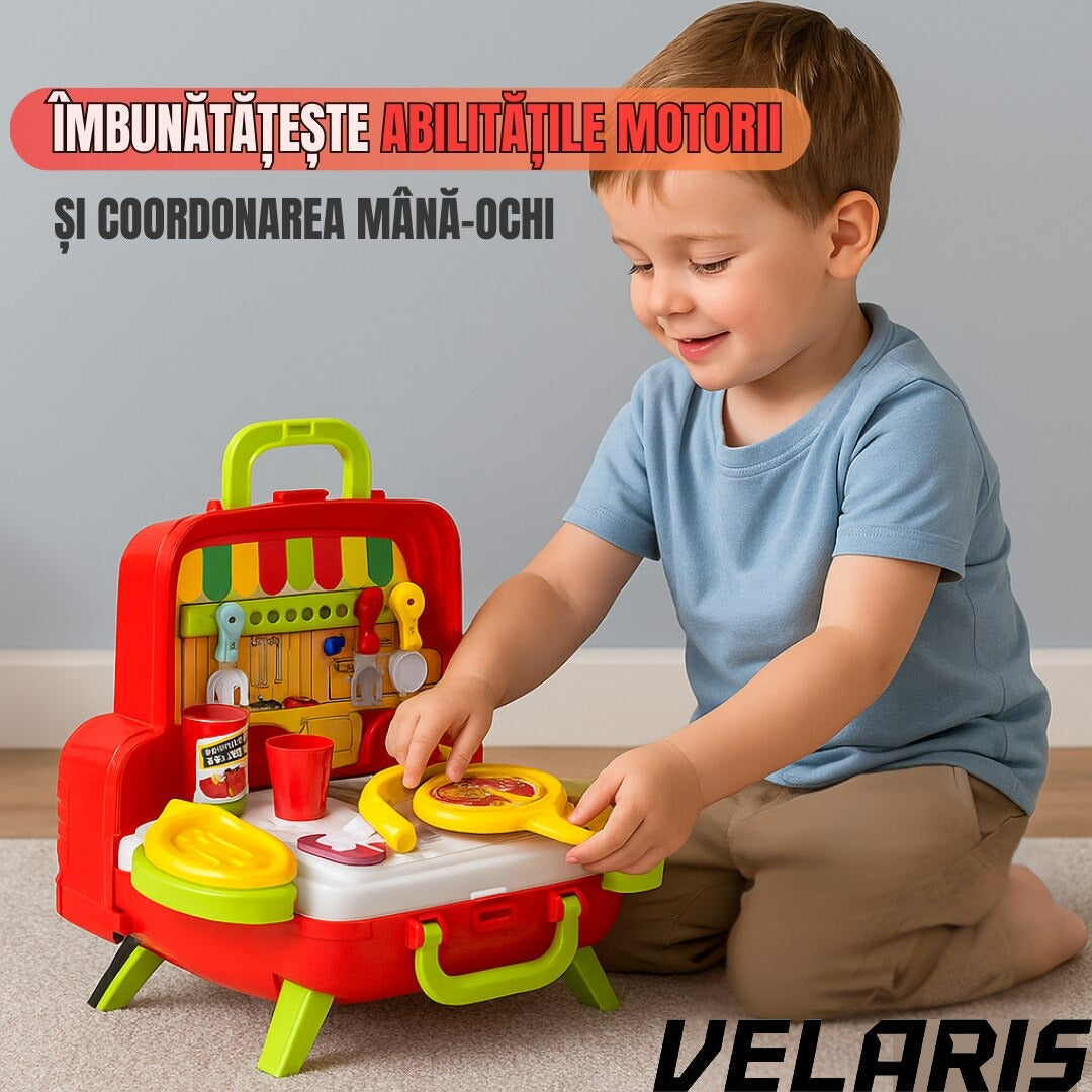 Set de jucarie Bucatarie portabila, masinuta 2 in 1, 21 piese, cuptor functional si accesorii de gatit, rosu, 3+ ani