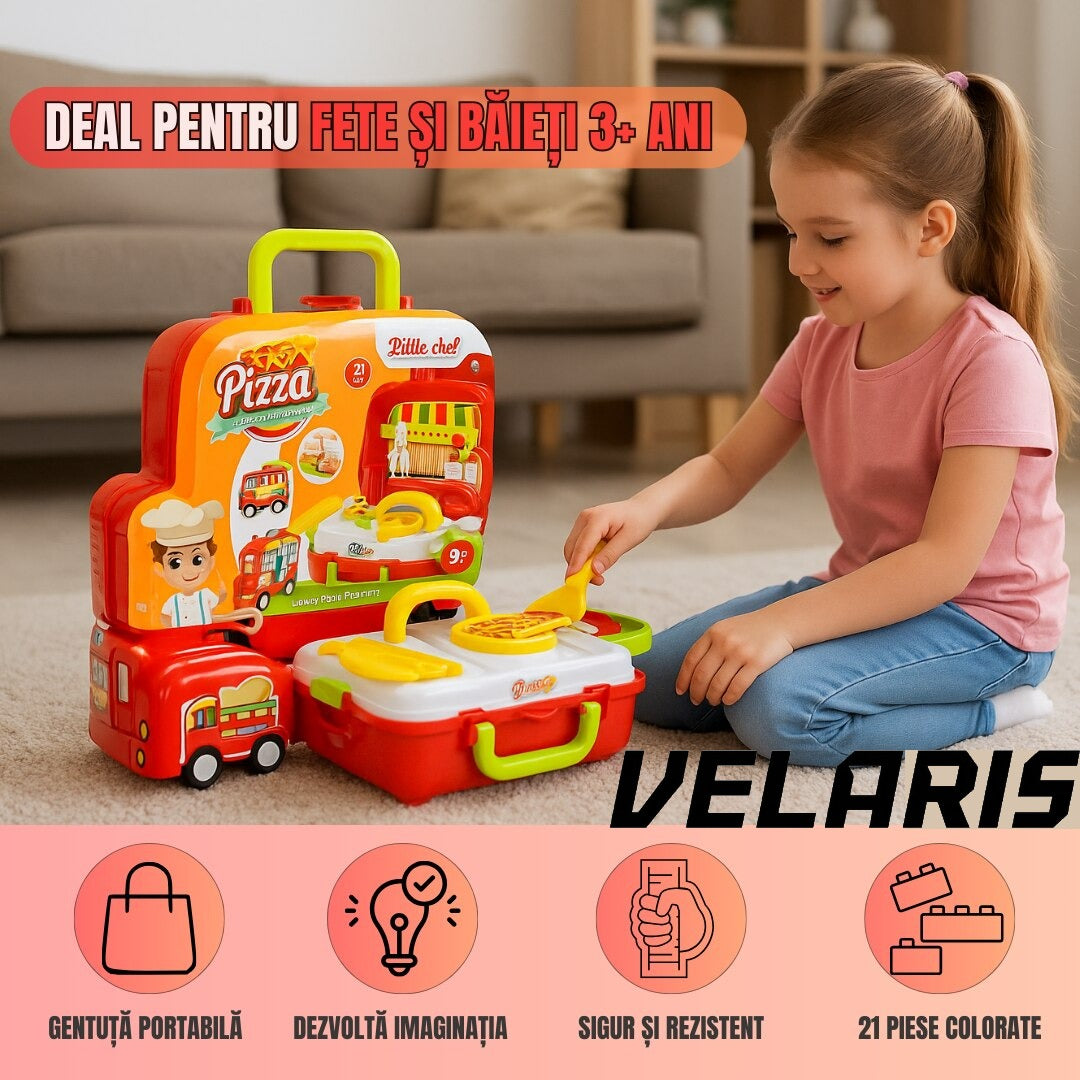 Set de jucarie Bucatarie portabila, masinuta 2 in 1, 21 piese, cuptor functional si accesorii de gatit, rosu, 3+ ani