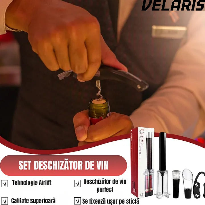 Set Deschizator de Sticle de Vin 4 in 1, Tirbuson Profesional cu Taietor de Folie, Dop Vacuum si Picurator