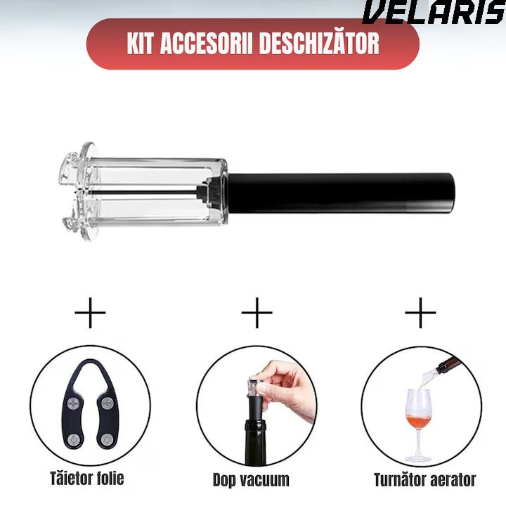 Set Deschizator de Sticle de Vin 4 in 1, Tirbuson Profesional cu Taietor de Folie, Dop Vacuum si Picurator