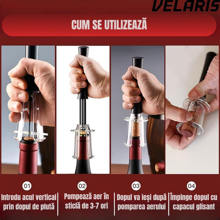 Set Deschizator de Sticle de Vin 4 in 1, Tirbuson Profesional cu Taietor de Folie, Dop Vacuum si Picurator