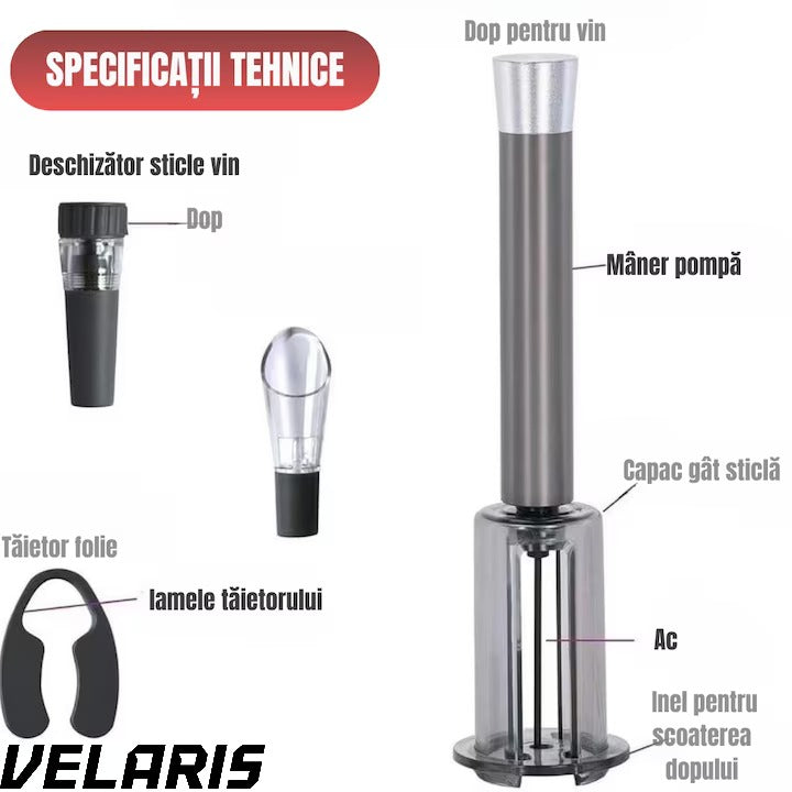 Set Deschizator de Sticle de Vin 4 in 1, Tirbuson Profesional cu Taietor de Folie, Dop Vacuum si Picurator