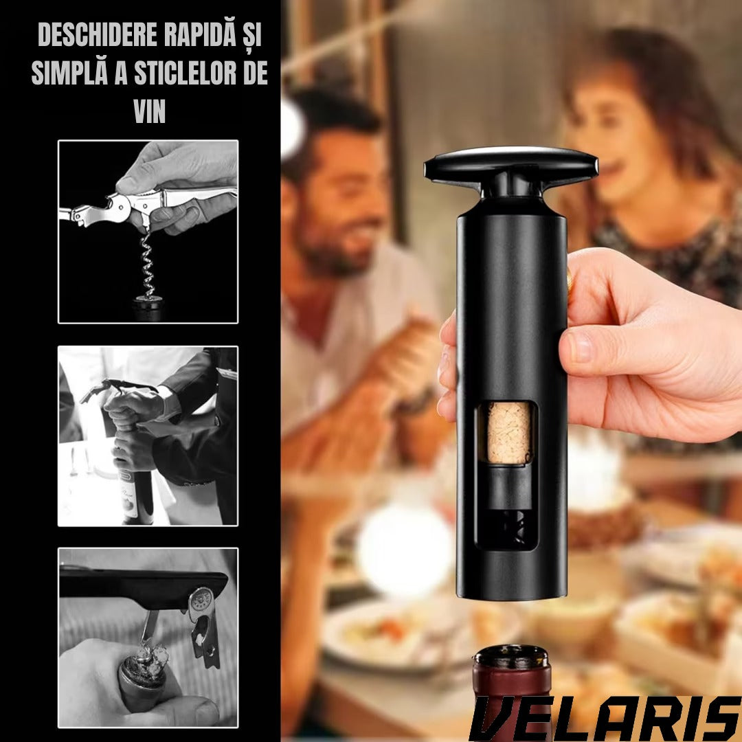 Set deschizator 2-in-1 pentru vin, tirbuson profesional cu taietor folie, dop vacuum si aerator, design ergonomic, argintiu