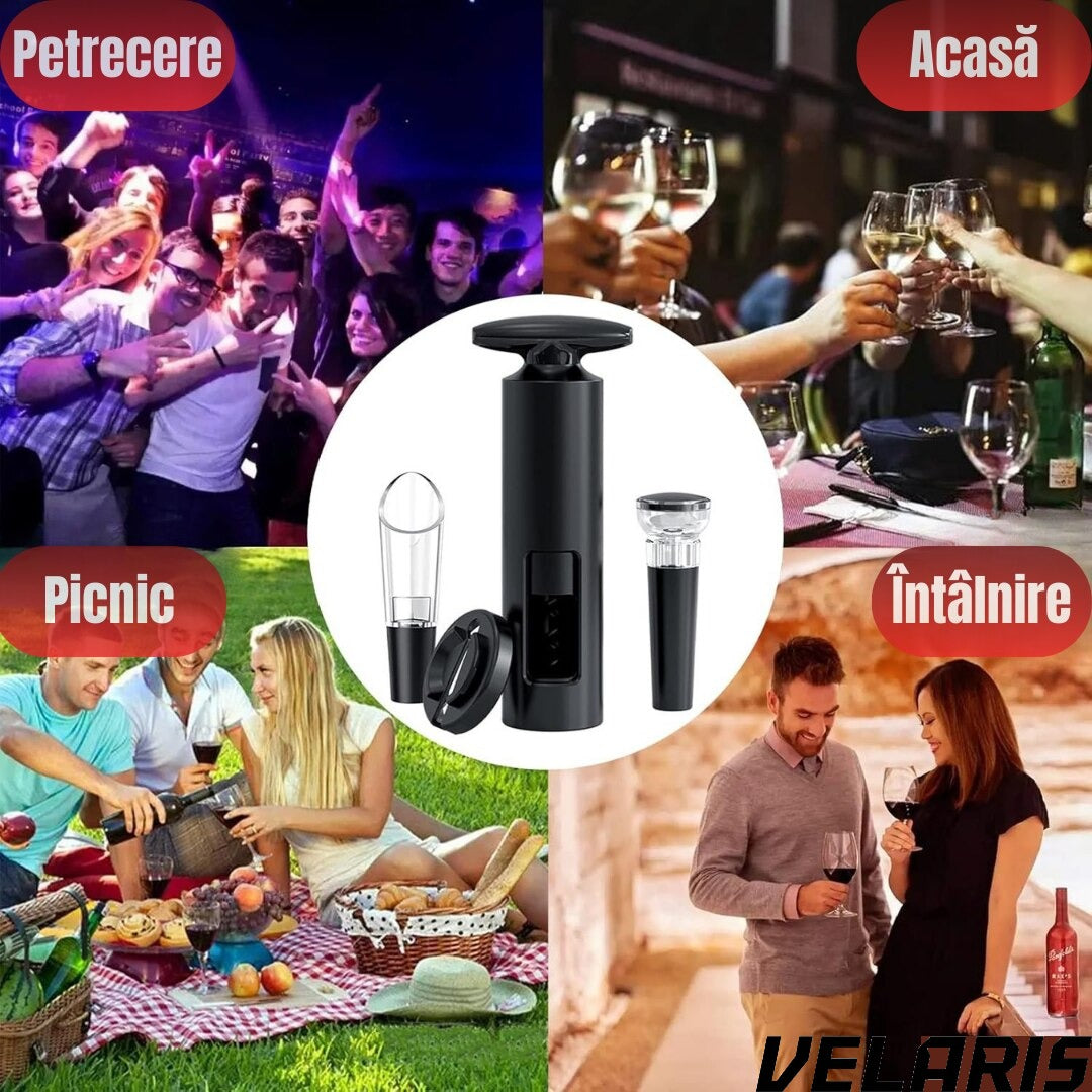 Set deschizator 2-in-1 pentru vin, tirbuson profesional cu taietor folie, dop vacuum si aerator, design ergonomic, argintiu