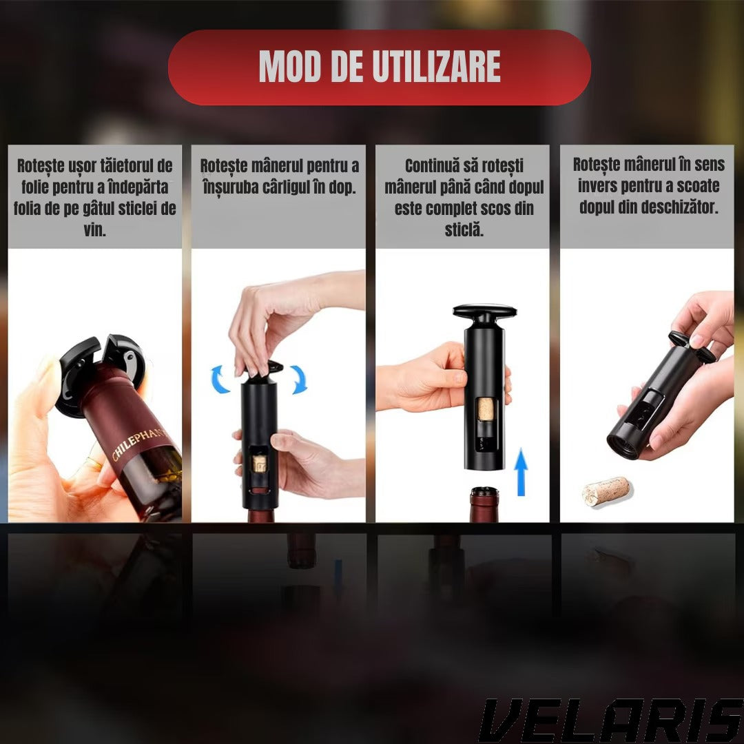 Set deschizator 2-in-1 pentru vin, tirbuson profesional cu taietor folie, dop vacuum si aerator, design ergonomic, argintiu