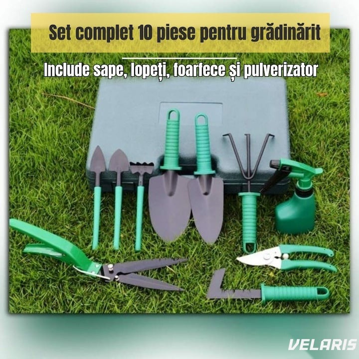 Set accesorii grădinărit 10 piese, oțel inoxidabil și plastic, foarfece, lopată, pulverizator, geantă inclusă