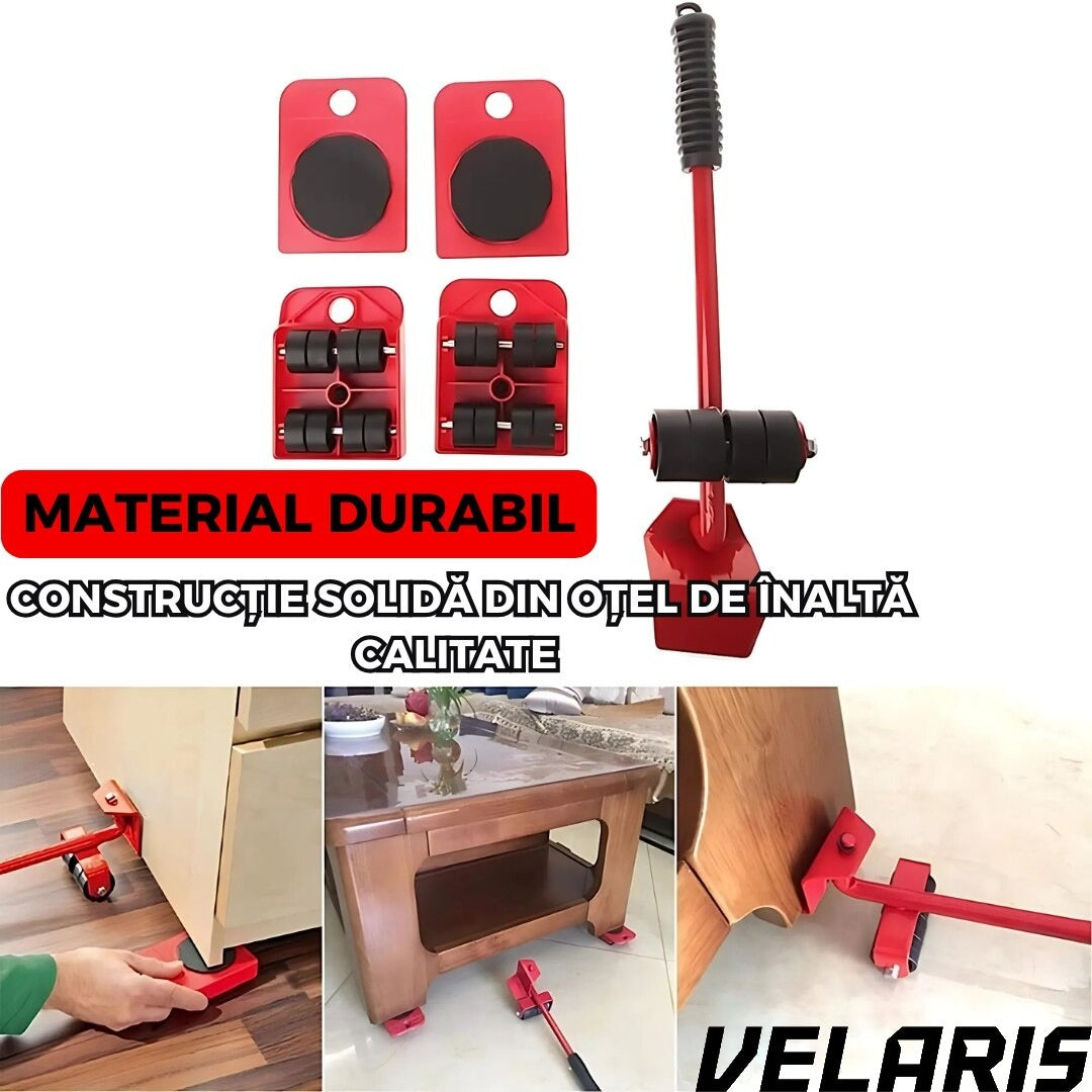 Set levier cu role si 4 suporturi pivotante, cu roti pentru mobilier si electrocasnice, capacitate totala 600 kg