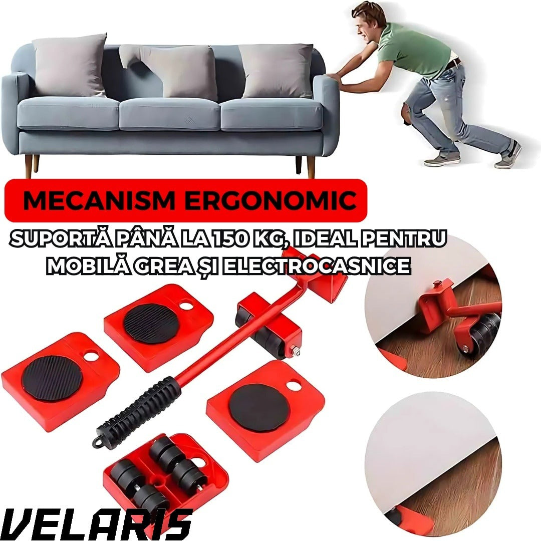 Set levier cu role si 4 suporturi pivotante, cu roti pentru mobilier si electrocasnice, capacitate totala 600 kg