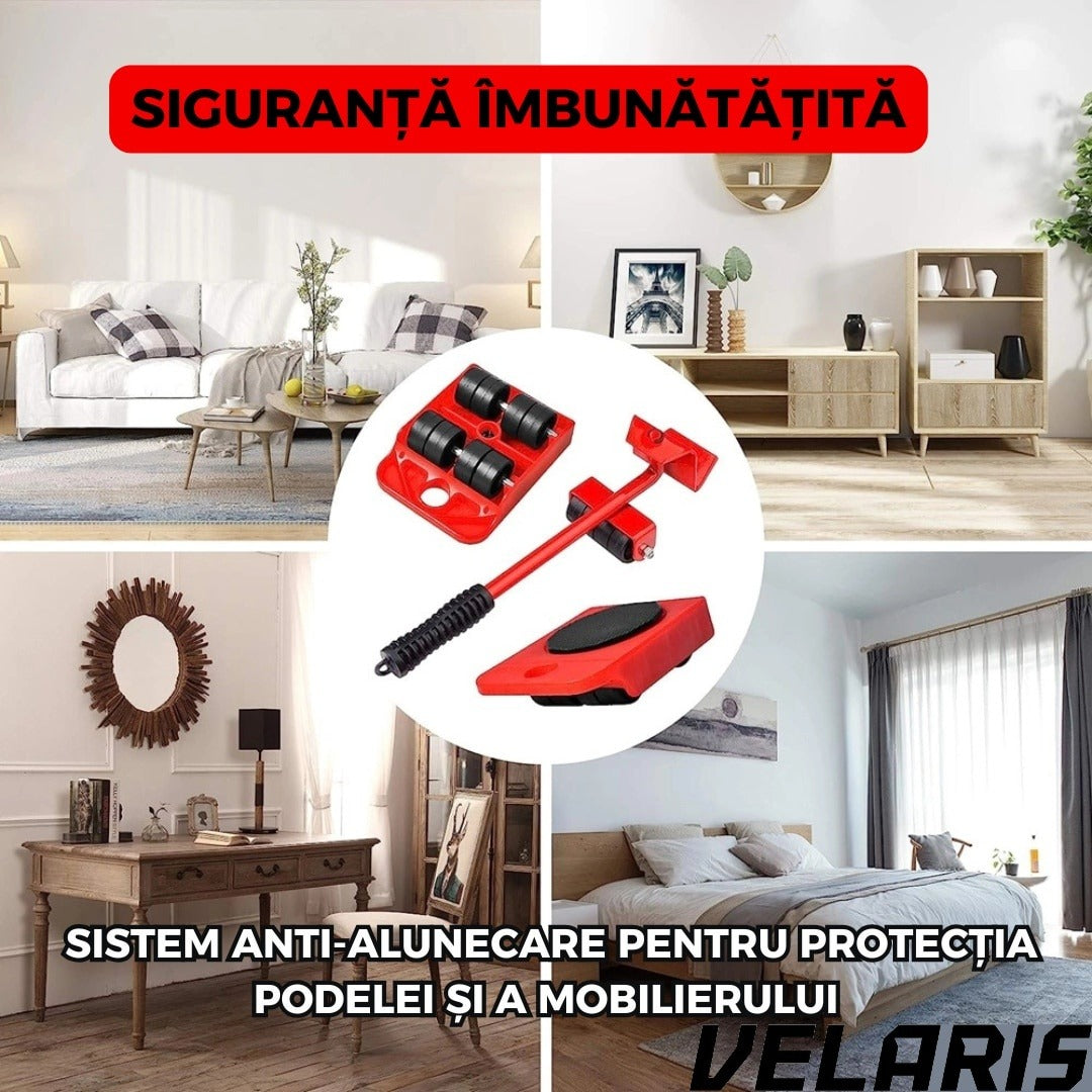 Set levier cu role si 4 suporturi pivotante, cu roti pentru mobilier si electrocasnice, capacitate totala 600 kg